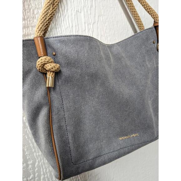 Michael Kors Isla Large Washed Denim Grab Bag Tote Beach Nautical Travel - Picture 2 of 9